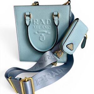 Prada Saffiano Leather Monochrome Logo-Embossed Small Tote Bag in Light Blue